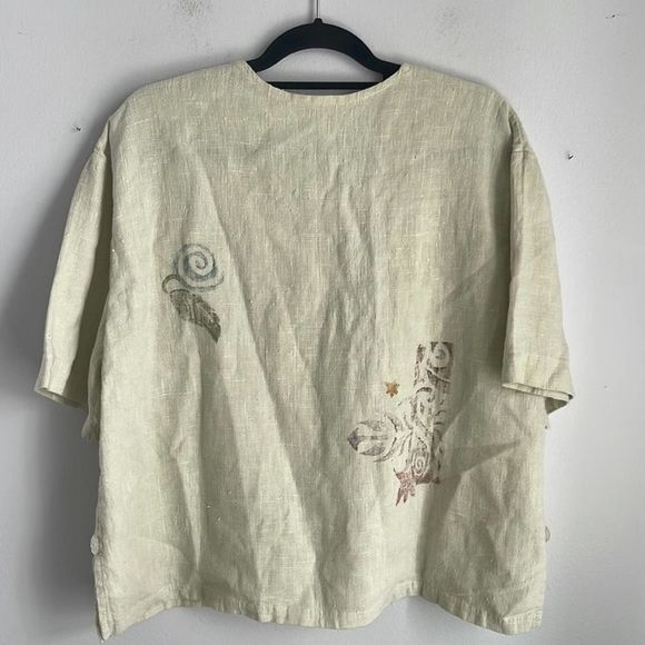 Vintage Lucy & Ezzy V neck linen boho cottagecore lagenlook paint stamped top - Picture 7 of 7